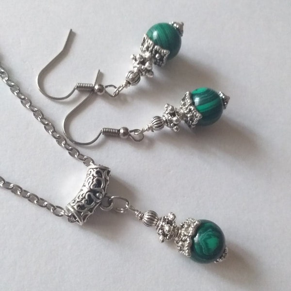 Malachite set Silver jewelry set necklace earrings Victorian jewelry set Bohemian set Silver pendant set Vintage style malachite set gift