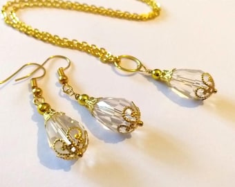 Crystal gold jewelry set necklace earrings Boho jewelry set Gold set wedding jewelry set Crystal teardrop set Bridal jewelry set bohemian