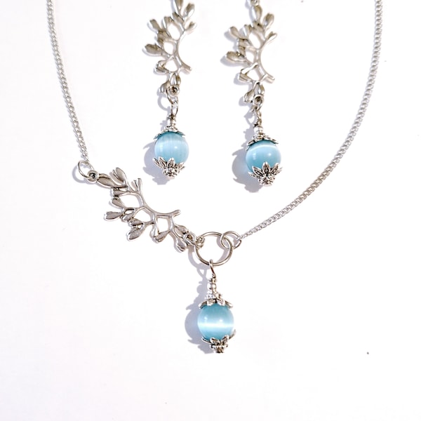 Blue Chrysoberyl Cat eye silver jewelry set Victorian set necklace earrings Boho jewelry set Cat eye Bridal jewelry set Chrysoberyl jewelry