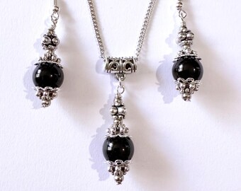 Conjunto de joyas de plata con turmalina negra, conjunto de plata con filigrana, collar de turmalina, pendientes de turmalina negra, conjunto de joyas victorianas, joyas negras