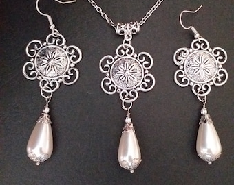Viktorianische Silberhochzeit Perlenset Silber Schmuck-Set Halskette Ohrringe Hochzeit Schmuck-Set Blumen Schmuck-Set Boho Braut Set Hochzeit-Set