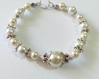 Viktorianischen Silber Perlenarmband weißes Perlenarmband Boho Armband Braut Armband Hochzeitsarmband Geschenk für ihren Perlenschmuck Jahrestag