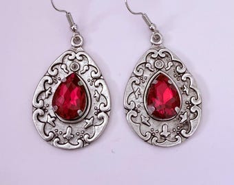 Victorian Ruby red Silver earrings red earrings necklace Victorian earrings Boho earrings Vintage red jewelry set teardrop pendant earrings