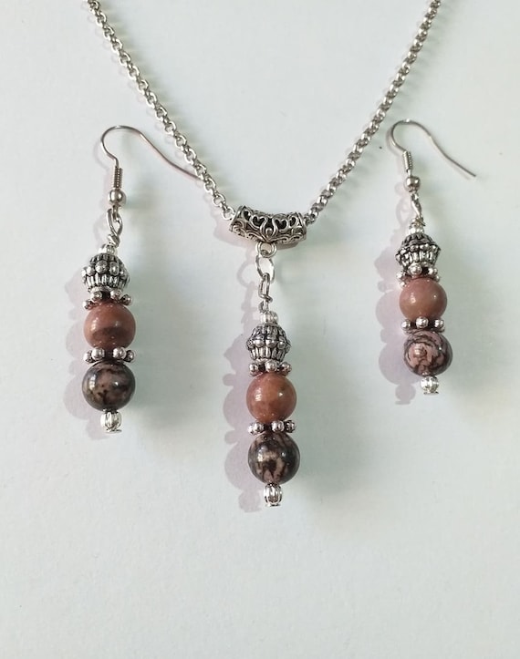Rhodonite jewelry set Silver jewelry set Victorian set necklace and earrings Boho jewelry set Bohemian Rhodonite earrings Rhodonite jewelry