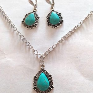 Turquoise silver Victorian jewelry set necklace earrings Boho earrings Silver turquoise pendant set turquoise necklace turquoise earrings image 2