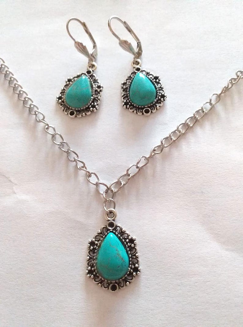Turquoise silver Victorian jewelry set necklace earrings Boho earrings Silver turquoise pendant set turquoise necklace turquoise earrings image 2