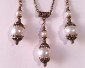 Victorian pearl bronze jewelry set bohemian jewelry set earrings necklace Boho set pearl set vintage set antique set bridal jewelry set gift