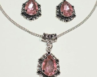 Victorian pink Silver jewelry set rose pink set necklace earrings Victorian jewelry set Bohemian set Vintage jewelry set gift