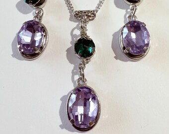 Lavender Emerald green crystal jewelry set purple  green set necklace earrings Victorian jewelry set Boho set oval purple green jewelry set