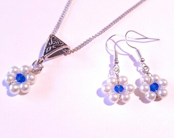 Bloem parel zilveren sieraden set boho vergeet mij niet sieraden set oorbellen ketting kristal parel wit blauwe bloem set bruids sieraden set cadeau
