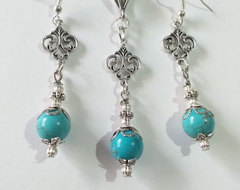 Turquoise set Silver jewelry set necklace earrings Victorian jewelry set Bohemian set Silver pendant set Vintage style Turquoise set gift