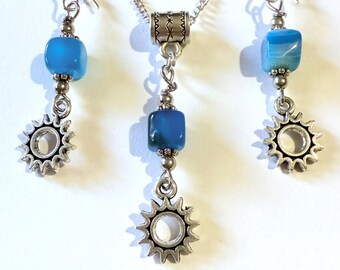 Blue Agate silver jewelry set Victorian Sun jewelry necklace earrings boho agate jewelry set blue jewelry blue agate earrings agate jewelry
