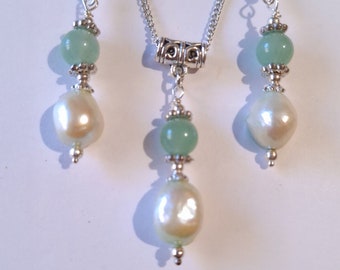 Jade pearl silver jewelry set Nephrite earrings necklace set silver light green large baroque pearl jewelry set 2 kind of necklace pearl