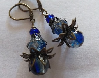 Victorian filigree bronze Earrings blue flower Boho Earrings Bohemian earrings Filigree drop blue vintage style antique bronze earrings gift