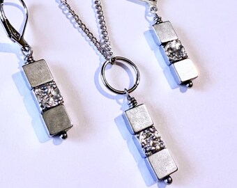 Hematite hammered silver jewelry set silver jewelry set boho set  hematite earrings hematite necklace hematite jewelry silver set city chic