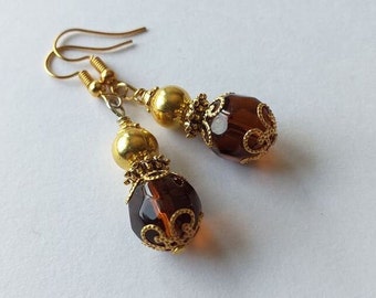 gold earrings brown crystal earrings Victorian earrings filigree earrings Bohemian gold earrings Antique earrings dangle earrings gift