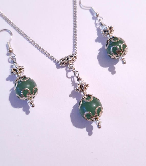 Jade jewelry set Victorian silver set jade earrings jade necklace Bohemian set silver jewelry set boho jewelry set antique Nephrite set gift