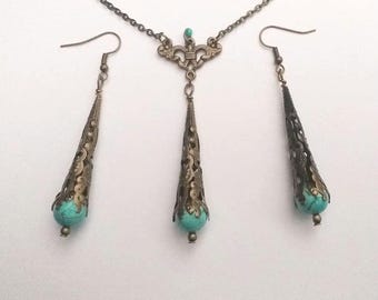 Conjunto de joyas de bronce victoriano turquesa, collar de turquesa, pendientes de turquesa, conjunto de joyas bohemias, conjunto de bronce, conjunto de joyas antiguas de estilo vintage.