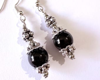 Pendientes de turmalina negra, pendientes de filigrana de plata, pendientes de turmalina, joyas de turmalina negra, pendientes victorianos, joyas negras de aniversario.