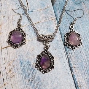 Amethyst set Silver jewelry set necklace earrings Victorian jewelry set Bohemian set Silver pendant Amethyst set Vintage style amethyst set