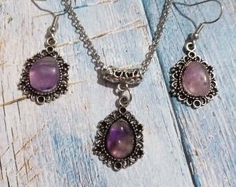 Amethyst set Silver jewelry set necklace earrings Victorian jewelry set Bohemian set Silver pendant Amethyst set Vintage style amethyst set
