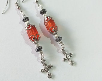 red Gothic earrings silver cross earrings Victorian filigree earrings Boho Earrings Bohemian silver red earrings Cross Gothic earrings gift