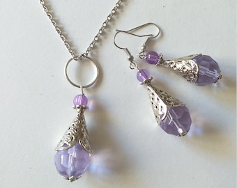 Victorian silver purple jewelry set necklace earrings Silver jewelry set Boho jewelry set Lilac Crystal jewelry set Vintage set Antique set