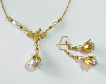 Conjunto de joias de pérolas douradas vitorianas, conjunto de colar e brincos de filigrana de ouro, conjunto de joias boho, conjunto de estilo antigo, conjunto de casamento, joias de noiva