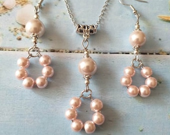 Victorian rose pearl silver jewelry set bohemian jewelry set earrings necklace Boho set rose pearl hoop set bridal jewelry set gift set