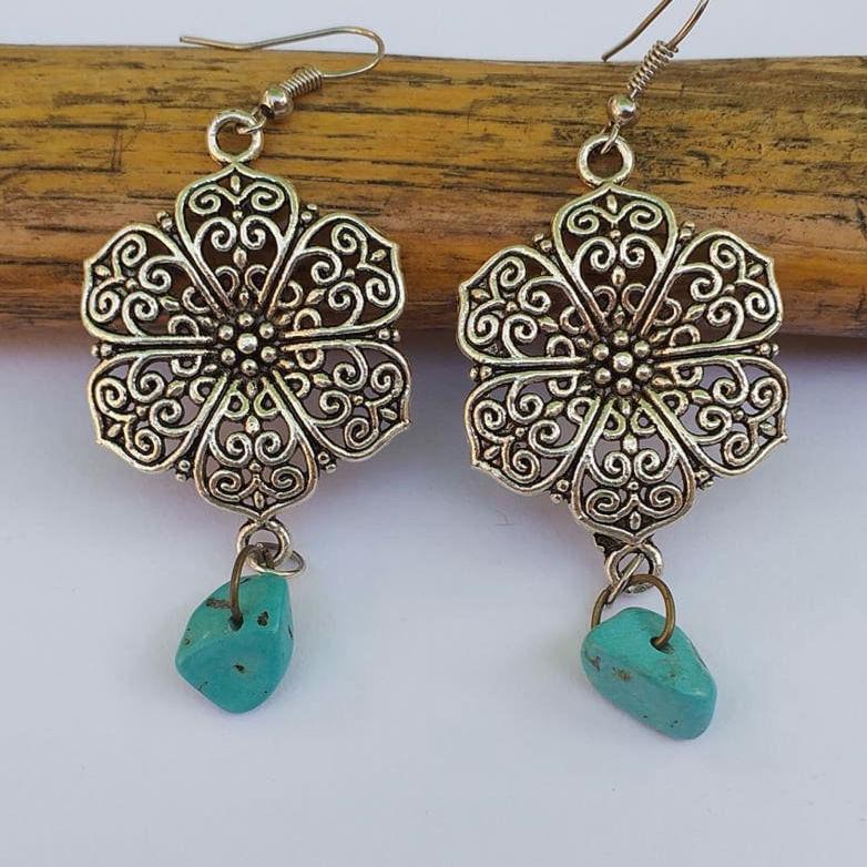 Turquoise filigree Silver earrings Filigree flower silver tone earrings victorian earrings Boho Earrings Bohemian turquoise pendant earrings