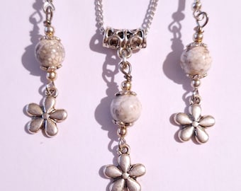 Jasper Silver flower jewelry set earrings and necklace Victorian jewelry set Boho jewelry gray Jasper jewelry gift for her ocean Jasper set