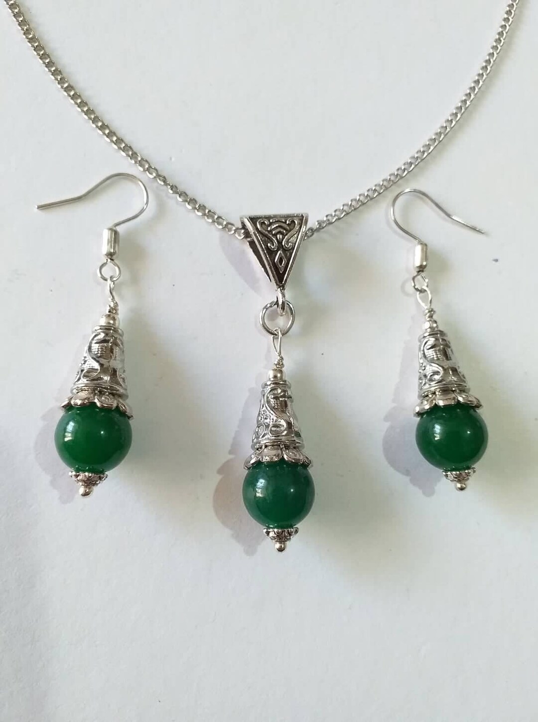 Victorian Silver Green Quartz Jewelry Set Necklace Earrings Silver