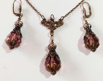 Victorian jewelry set Burgundy bronze necklace earrings Boho jewelry set necklace and earrings Bronze necklace bronze earrings gothic set