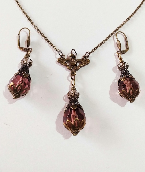 Victorian jewelry set Burgundy bronze necklace earrings Boho jewelry set necklace and earrings Bronze necklace bronze earrings gothic set