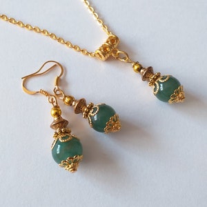 Jade jewelry set Gold  jewelry set Victorian set necklace and earrings Nephrite Boho jewelry set Jade earrings Jade necklace Jade jewelry