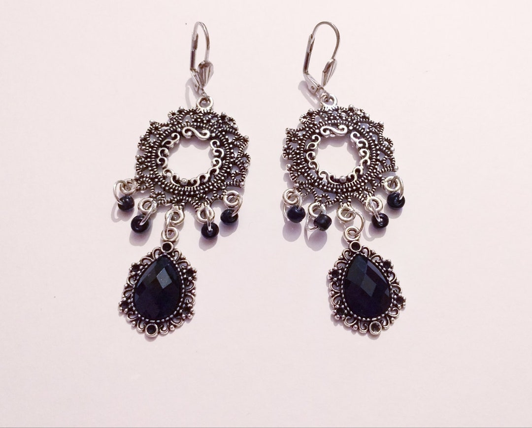 Boucles D'oreilles Vintage Ethnique Miss Selfridge - Or Noir Et Strass, Style Goutte