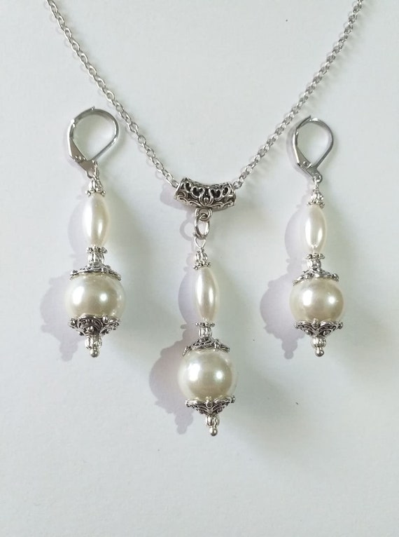 Victorian wedding pearl set Silver jewelry set necklace earrings wedding jewelry set Victorian jewelry set Boho set bride set wedding set