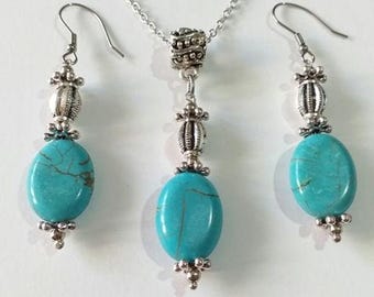 Conjunto de turquesa, conjunto de joyería de plata, collar y pendientes, conjunto de joyería victoriana, conjunto bohemio, conjunto de colgante de plata, conjunto de turquesa de estilo vintage, regalo