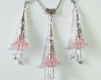 Victorian Silver Pink flower jewelry set Rose pink flower set necklace earrings Baroque jewelry set Boho set Silver set Vintage long earring