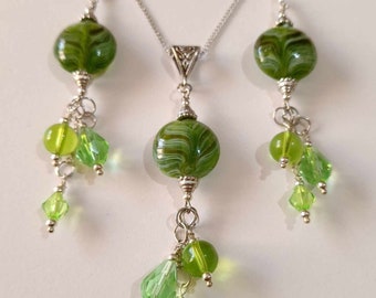 Olive Green Murano silver set necklace earrings Victorian Murano glass jewelry set Bohemian set Boho set green jewelry set handmade glass