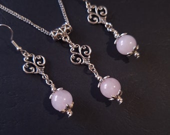 Silver Rose quartz jewelry set Victorian set necklace earrings Boho set Bohemian set Wedding jewelry set Vintage set rose quartz jewelry set