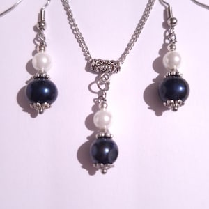 Black white pearl Silver jewelry set necklace earrings black blue genuine pearl and white Mallorca pearl wedding jewelry set pearl earrings