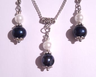 Schwarz weiße Perle Silber Schmuck Set Halskette Ohrringe schwarz blau echte Perle und weiße Perle Mallorca Hochzeit Schmuckset Perlenohrringe