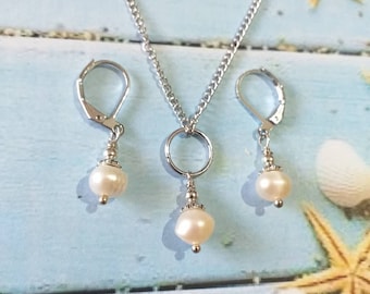 pearl Silver jewelry set pearl set necklace earrings Wedding jewelry set Boho set Single pearl bridal set pearl jewelry white pearl gift set