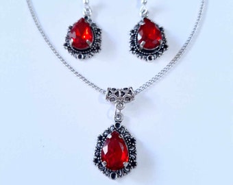 Victorian Ruby red Silver jewelry set Ruby red set necklace earrings Victorian jewelry set Bohemian set Vintage style set Red jewelry set