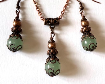 Jade sieradenset, Victoriaanse koperen set, oorbellen en halsketting, boho set, nefriet sieradenset, zigeunerset, boho sieradenset, antieke sieradenset
