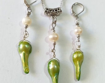 Perle Silber Schmuck-Set weiße Perle und grüne Süßwasserperle Schmuck-Set Halskette Ohrringe Hochzeit Schmuck-Set Boho-Set Perlenschmuck
