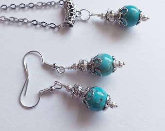 Turquoise set Silver jewelry set necklace earrings Victorian jewelry set Bohemian set Silver pendant set Vintage style Turquoise set gift