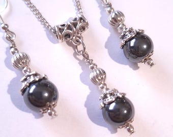 Hematite Victorian silver jewelry set Boho jewelry set bohemian set Antique earrings and necklace hematite vintage style jewelry gift set