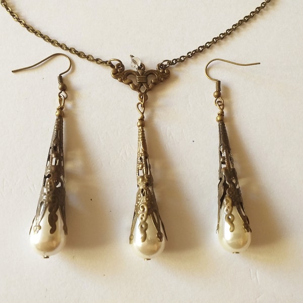 Victorian Pearl bronze set pearl jewelry pearl necklace pearl earrings Victorian jewelry set Boho set bronze set Vintage style antique set
